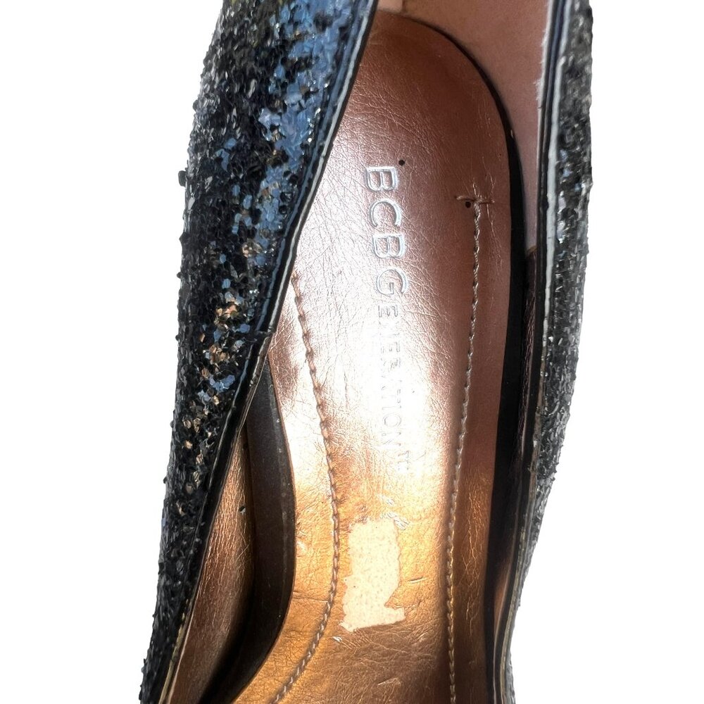 BCBGeneration Women’s Size 7.5B Sequin Black Peep Toe 1.5” Platform 5” Heels Sti - Picture 6 of 11